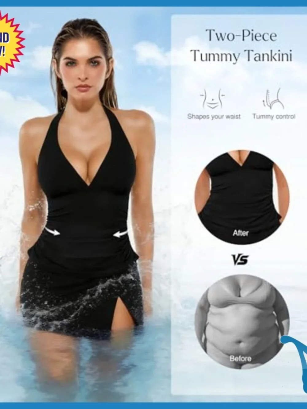 Tummy Control Tankini Swimwear with Skirt, Halter Top, Shapewear - Picture 2 of 7